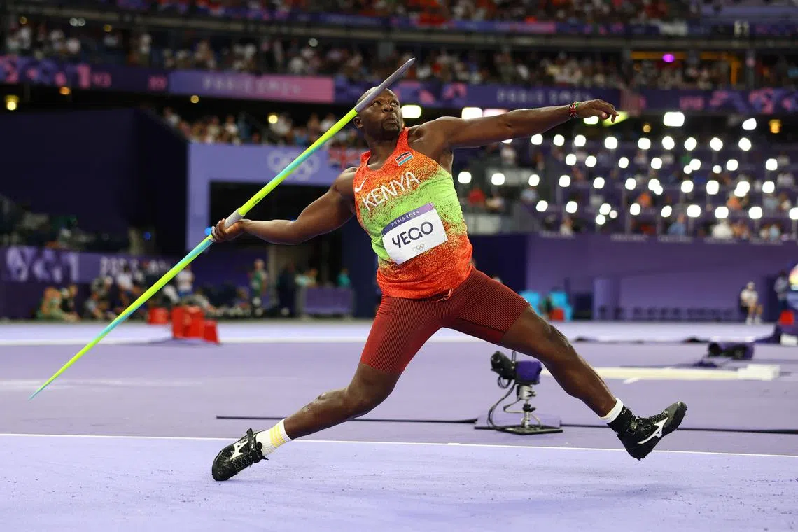 FILE PHOTO: Paris 2024 Olympics - Athletics - Men's Javelin Throw Final - Stade de France, Saint-Denis, France - August 08, 2024. Julius Yego of Kenya in action REUTERS/Kai Pfaffenbach/File Photo