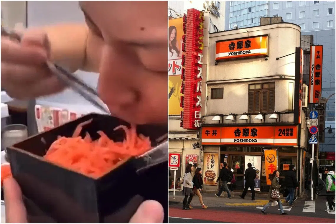 Construction worker Ryu Shimazu was seen in a viral video shoving into mouth pickled ginger from a common-use container at a Yoshinoya restaurant in Osaka. 