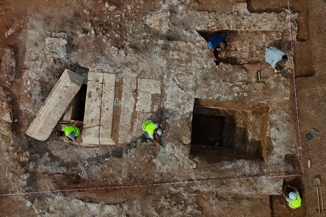 A drone view shows archaeologists working on Albania's first discovered monumental tomb, which they suggest may be a mausoleum, dated to the Roman period III–IV century AD, in Strikcan, Albania, September 4, 2025. REUTERS/Florion Goga