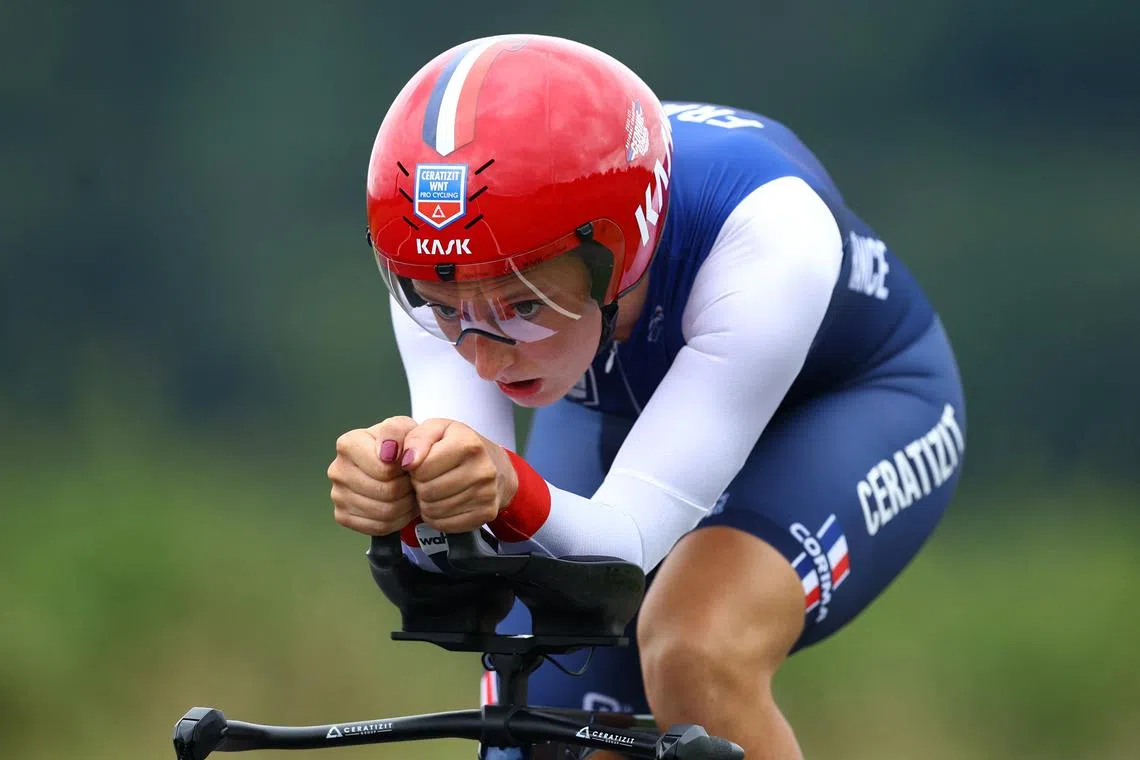 FILE PHOTO: Cycling - UCI World Championships 2023 - Stirling, Scotland, Britain - August 10, 2023 France's Cedrine Kerbaol in action during the Women's Elite Individual Time Trial  REUTERS/Matthew Childs/File Photo