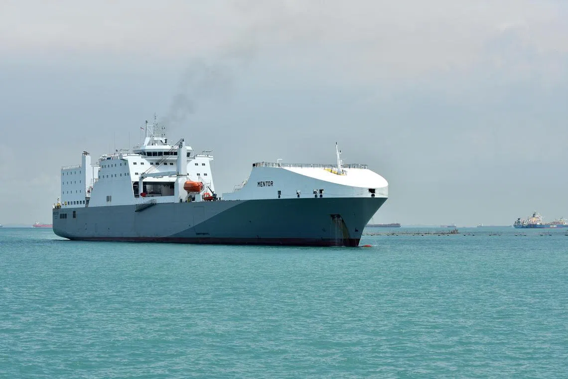 mymentor17 - The MV Mentor sailing into RSS Singapura - Changi Naval Base. The ship has been leased to support the training of Republic of Singapore Navy training and exercises. Credit: MINDEF