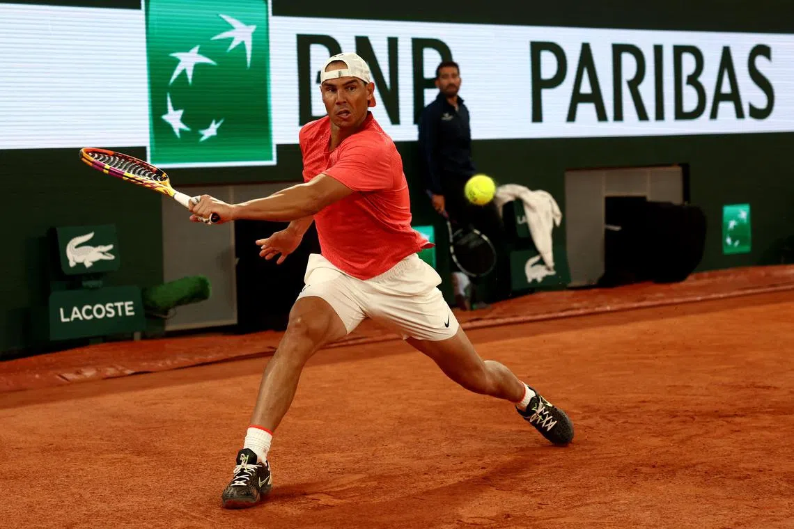 Spanish great Rafael Nadal during a practice session ahead of the 2024 French Open, where he is seeking a record-extending 15th title.