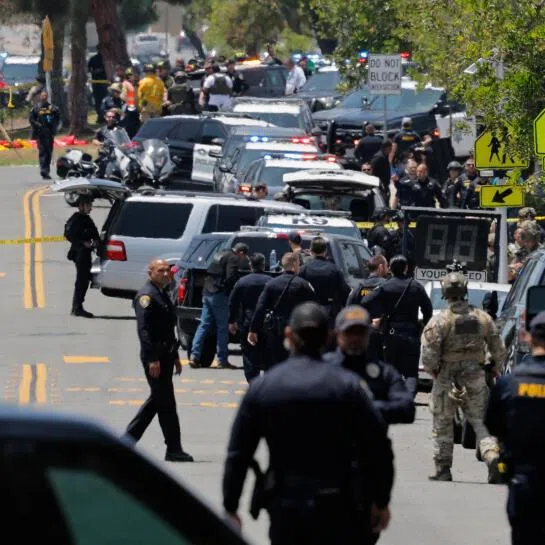 Emergency workers respond at the scene of a reported active shooter situation at the Islamic Center in San Diego, California, on May 18.