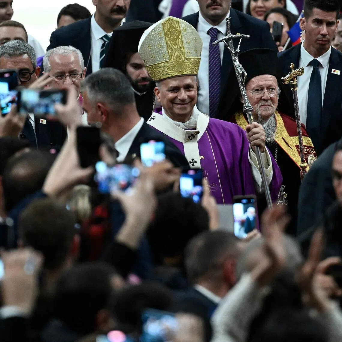 Pope Leo XIV greeting the crowd during the mass in Istanbul on Nov 29.