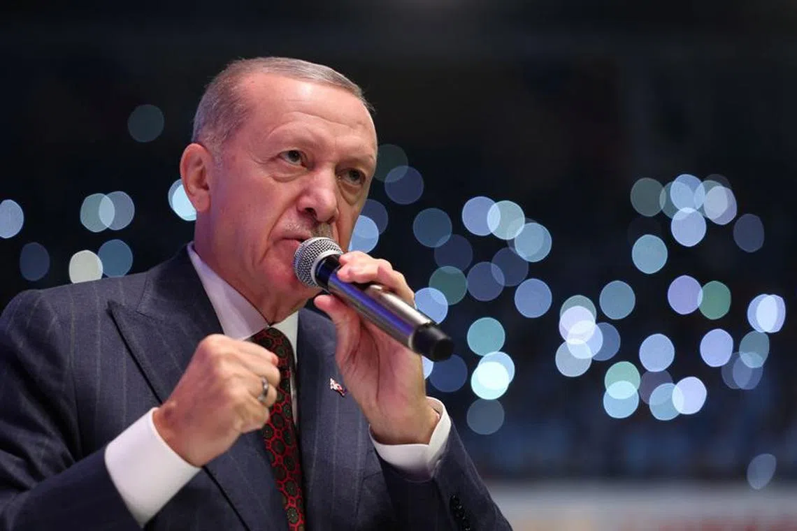Turkish President Tayyip Erdogan makes a speech at the Extraordinary Congress of his ruling AK Party in Ankara, Turkey October 7, 2023. Murat Cetinmuhurdar/Turkish Presidential Press Office/Handout via REUTERS/File Photo