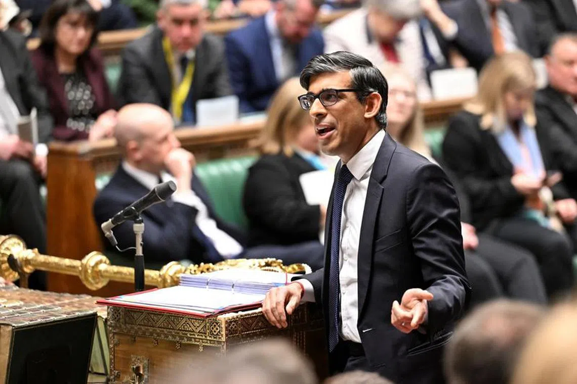 British Prime Minister Rishi Sunak speaks during Prime Minister's Questions, at the House of Commons in London, Britain, February 7, 2024. UK Parliament/Maria Unger/Handout via REUTERS