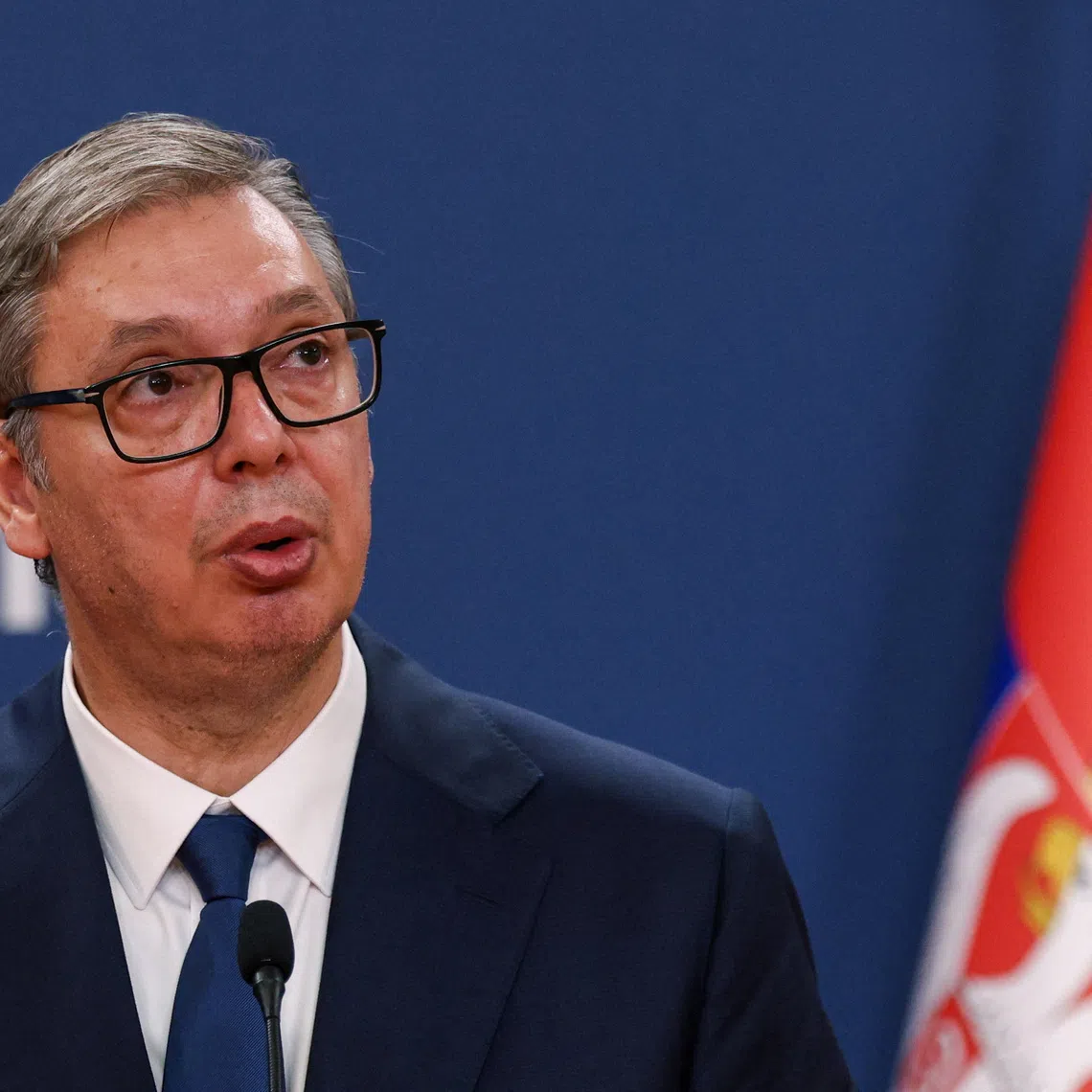 Serbian President Aleksandar Vucic speaks during a press conference with Ukrainian President Volodymyr Zelenskiy (not pictured) during Zelenskiy's visit to Belgrade, Serbia, August 8, 2026. REUTERS/Marko Djurica