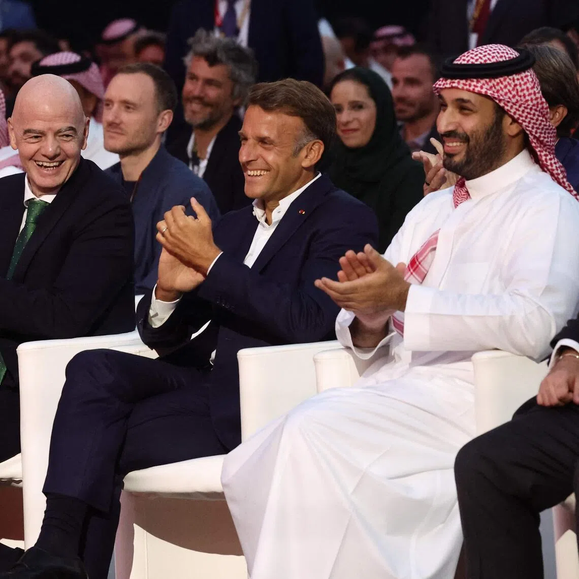 FIFA president Gianni Infantino (second from left), French President Emmanuel Macron and the Crown Prince and Prime Minister of Saudi Arabia Mohammed bin Salman at the closing ceremony of the Esports World Cup at the Grand Palais in Paris on Aug 23.
