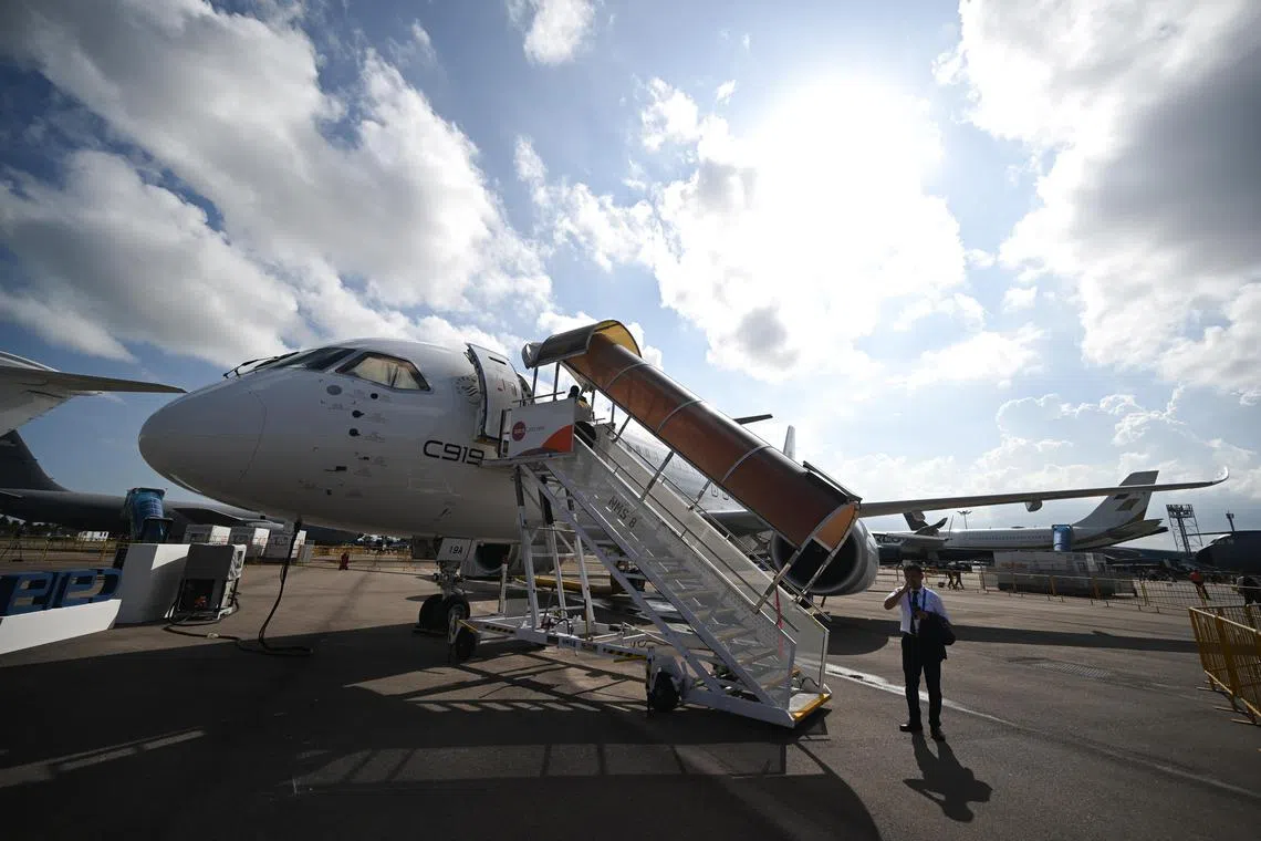 ST20240220_202433823131/pixairshow20/Azmi Athni//

The China Eastern Comac C919 on display on the first day of the Singapore Airshow at Changi Exhibition Centre in Singapore, Feb 20. 
ST PHOTO AZMI ATHNI

