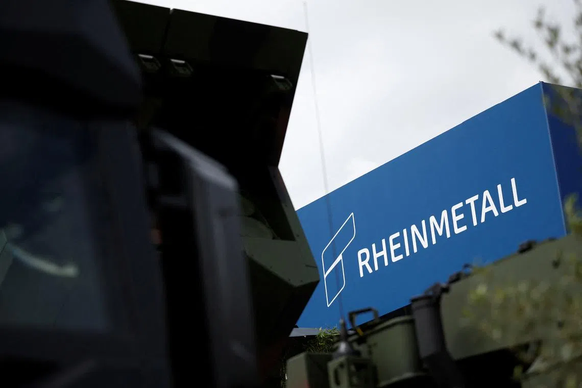 FILE PHOTO: The logo of Rheinmetall is displayed at the Eurosatory international land and air defence and security trade fair in Villepinte, France, June 17, 2024. REUTERS/Benoit Tessier/File Photo