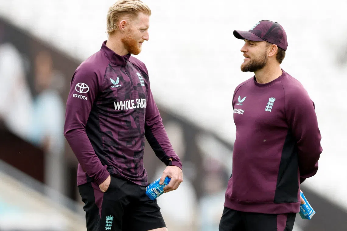 Cricket - International Test Match Series - Fifth Test - England Practice Session - Kia Oval, London, Britain - July 30, 2025 England's Ben Stokes with head coach Brendon McCullum during the practice session Action Images via Reuters/Peter Cziborra