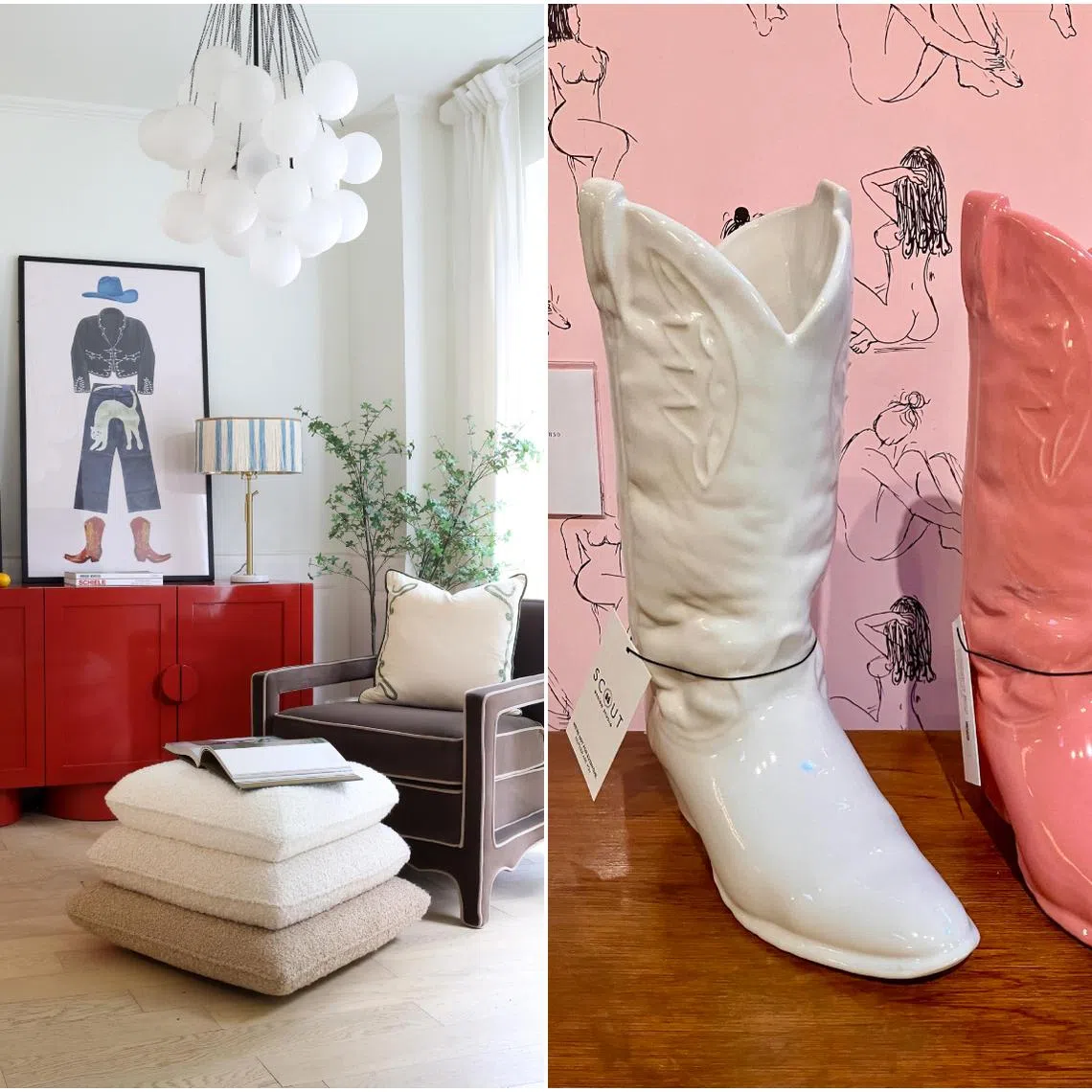 (From left)The cowboy aesthetic is making a comeback in art and design; porcelain vases shaped like cowboy boots, from Scout Design Studio.