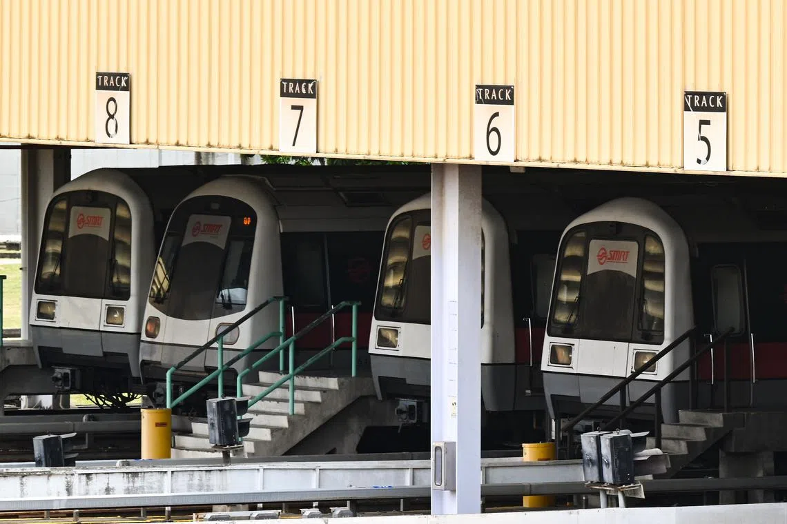 ST20230321-202373577289-Lim Yaohui-pixgeneric/
SMRT trains parked inside Changi Depot on Mar 21, 2023.
The 25ha single-level Changi Depot houses trains from the East-West MRT line. The Changi Depot sits on a plot which was part of Kampung Koh Sek Lim, a village which dated back to the 1950s and was acquired in 1983 for the construction of the MRT facility.
(ST PHOTO: LIM YAOHUI)