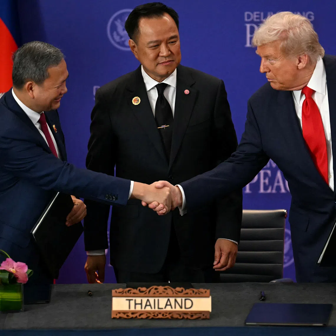 (From left) Cambodian Prime Minister Hun Manet, Thai Prime Minister Anutin Charnvirakul and US President Donald Trump at the signing of the “Kuala Lumpur Peace Accord” on Oct 26.