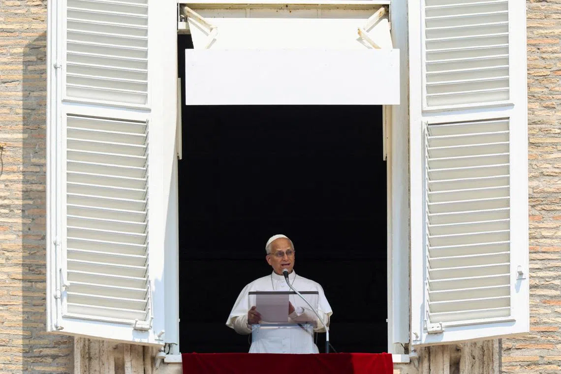 Pope Leo leads the Angelus prayer from a window of the Apostolic Palace at the Vatican, June 29, 2026. REUTERS/Yara Nardi
