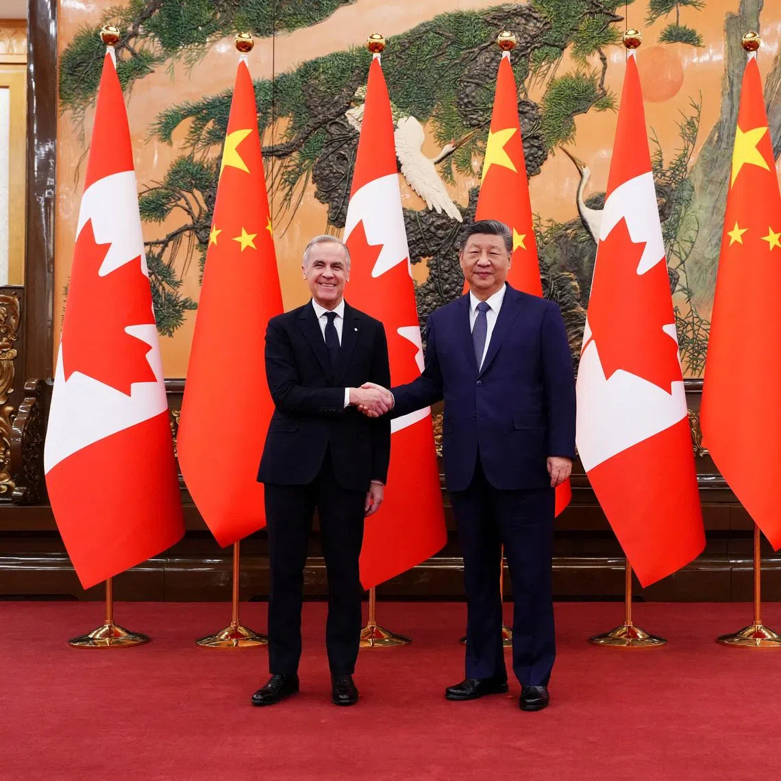 Canadian Prime Minister Mark Carney (left) meeting China's President Xi Jinping at the Great Hall of the People in Beijing on Jan 16.