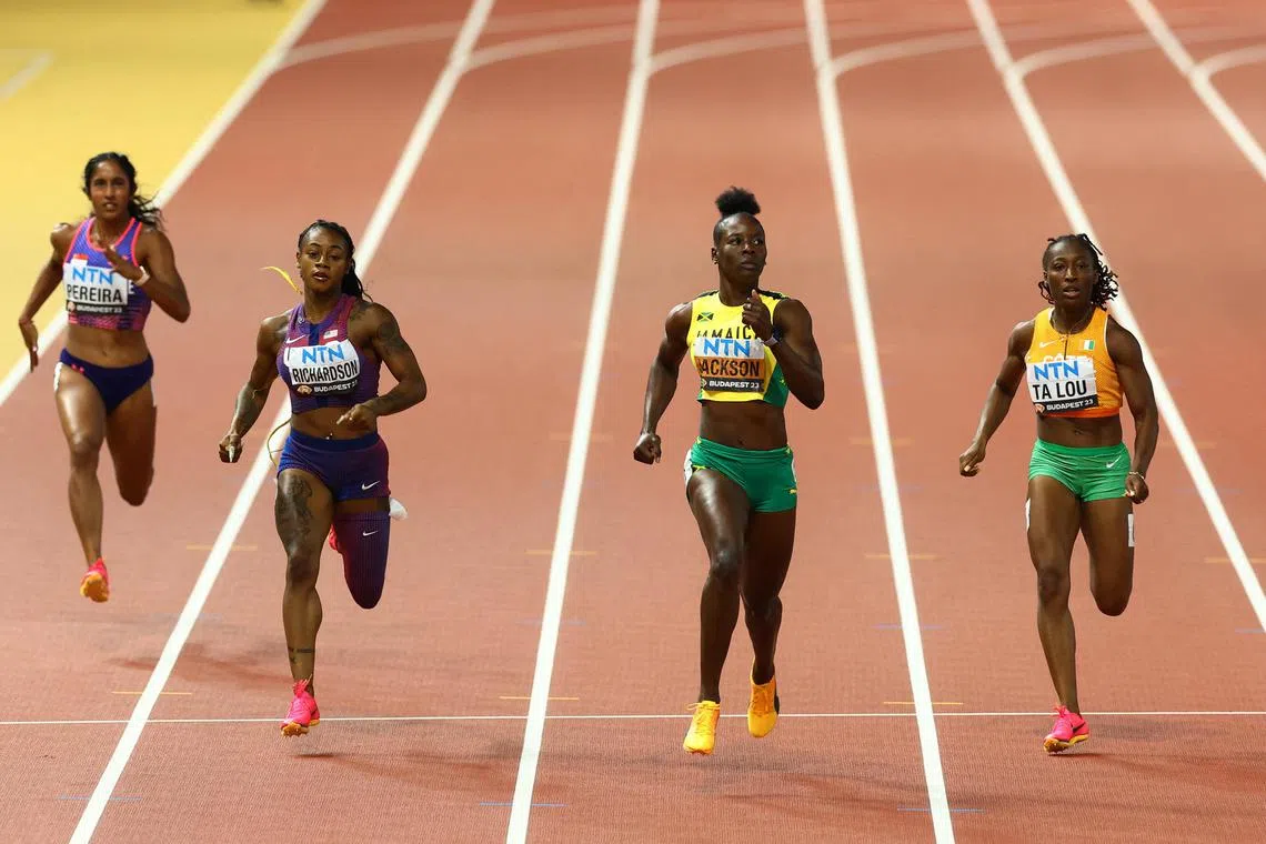 Shanti Pereira (far left) clocked 22.79 seconds to finish sixth in the third semi-final of the 200m at the World Athletics Championships. Jamaica's Shericka Jackson (third from left) won the race in 22.00sec.