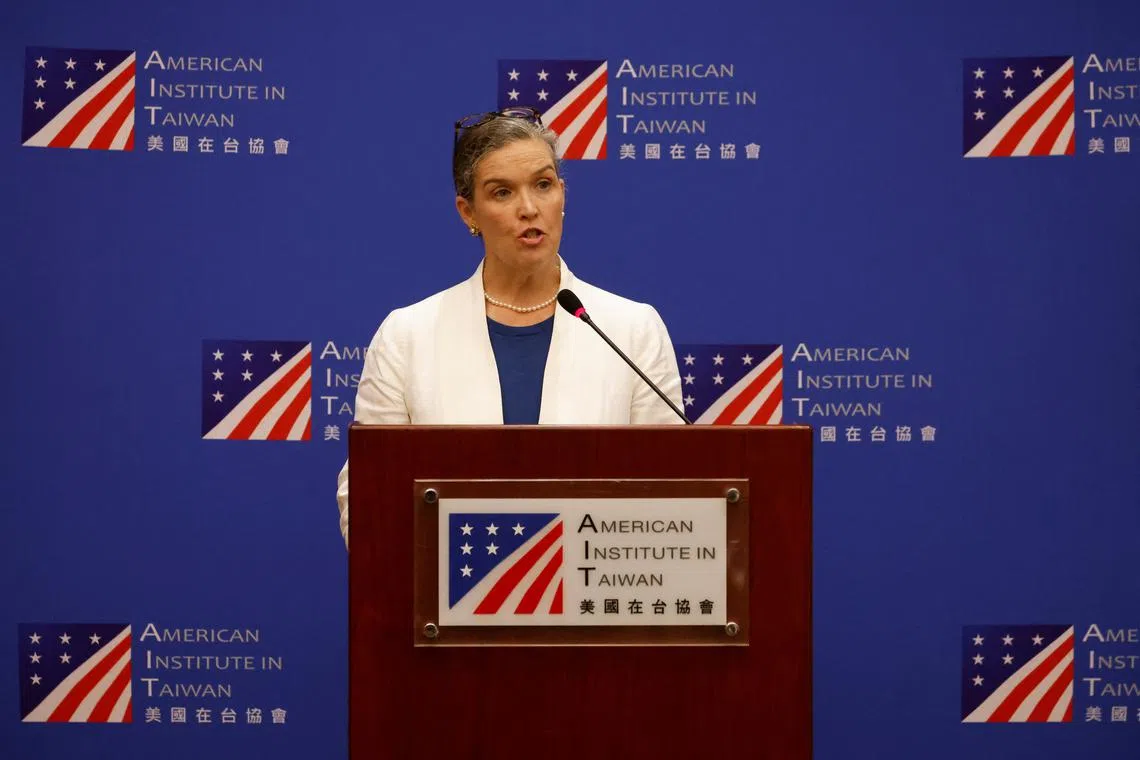 FILE PHOTO: American Institute in Taiwan (AIT) Director Sandra Oudkirk speaks during a press conference in Taipei, Taiwan June 14, 2024. REUTERS/Fabian Hamacher/File Photo