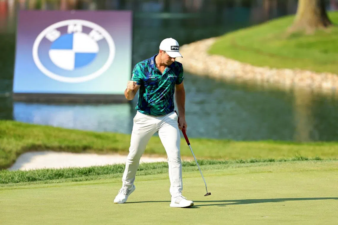 Norway's Viktor Hovland reacts after making birdie on the 18th green during the final round of the BMW Championship.