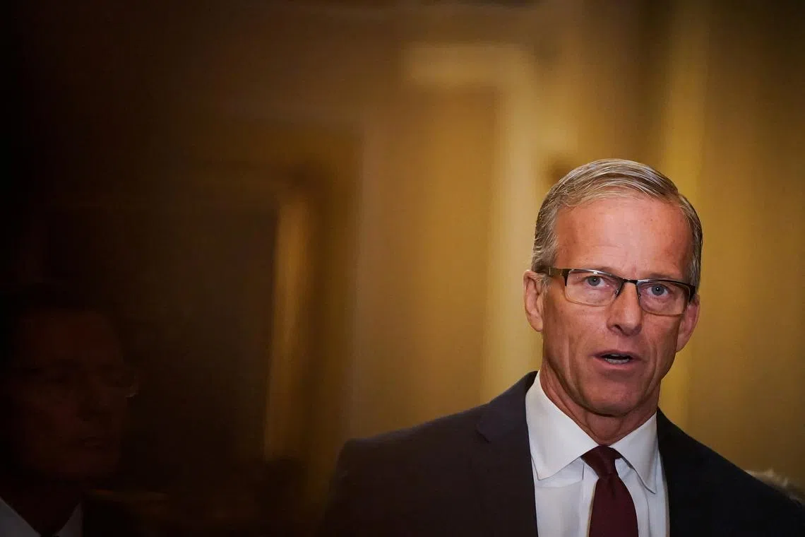 FILE PHOTO: U.S. Senator John Thune (R-SD) speaks during a press conference following the Senate Republicans weekly policy lunch at the U.S. Capitol in Washington, U.S., November 19, 2024. REUTERS/Elizabeth Frantz/File Photo