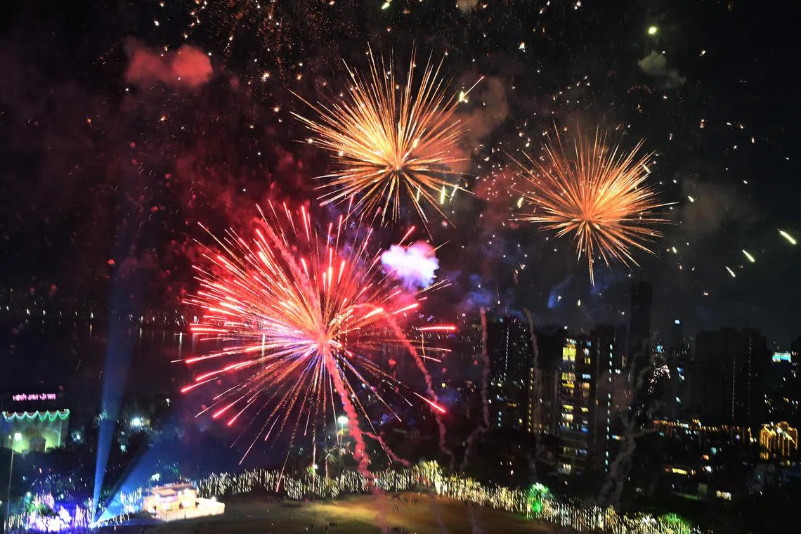 Fireworks lighting up the night sky during Diwali, the Hindu Festival of Lights, in Mumbai on Nov 12, 2023.