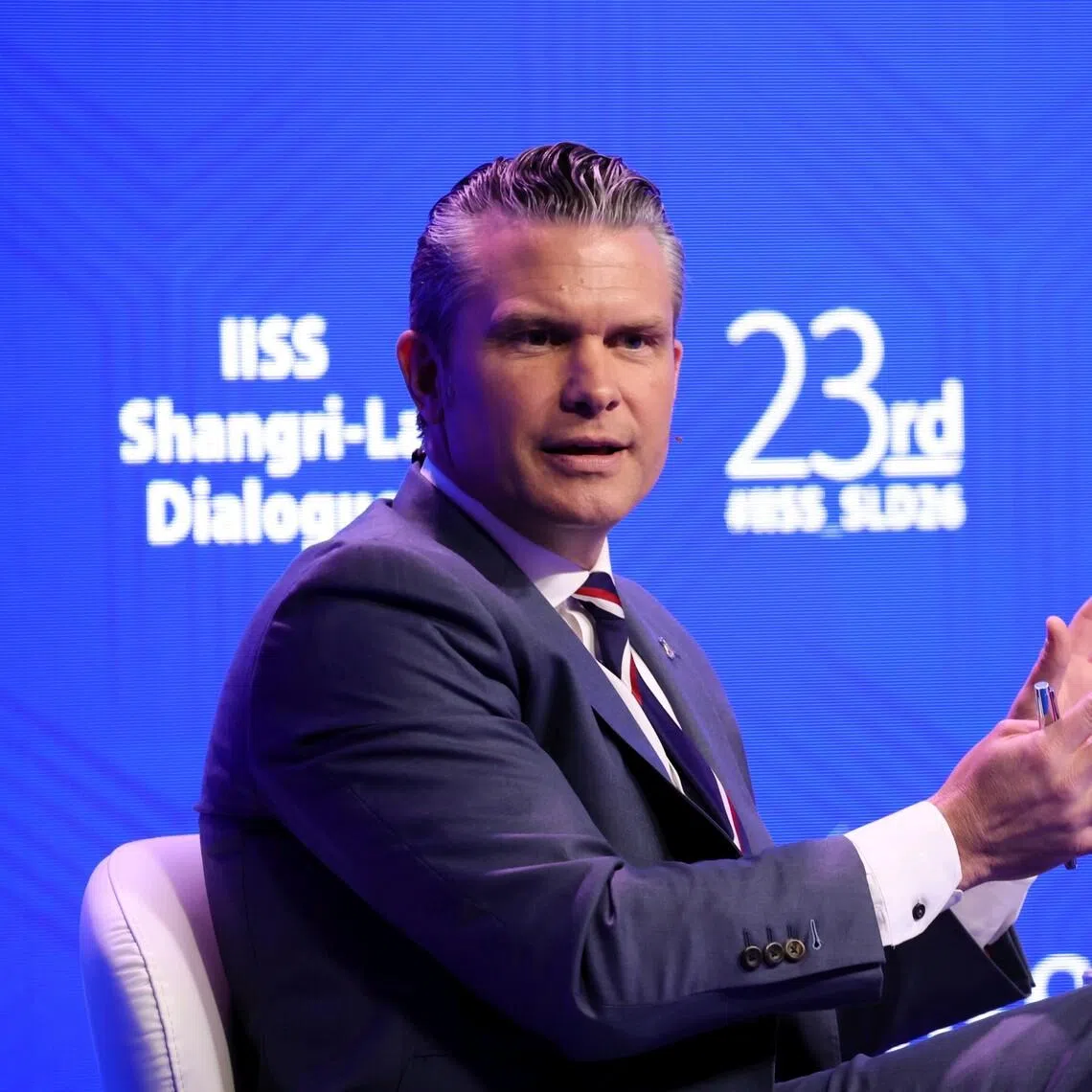 US War Secretary Pete Hegseth speaking at the first plenary session at the Shangri-La Dialogue on May 30.