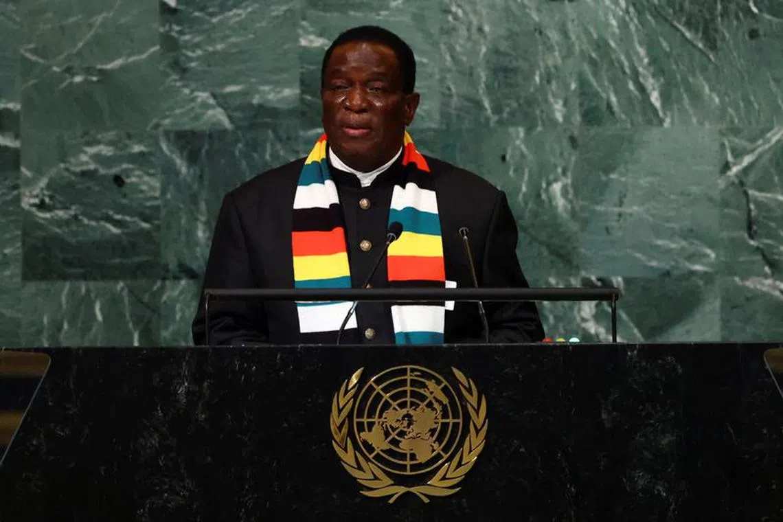 FILE PHOTO: President of Zimbabwe Emmerson Dambudzo Mnangagwa addresses the 77th Session of the United Nations General Assembly at U.N. Headquarters in New York City, U.S., September 22, 2022. REUTERS/Mike Segar