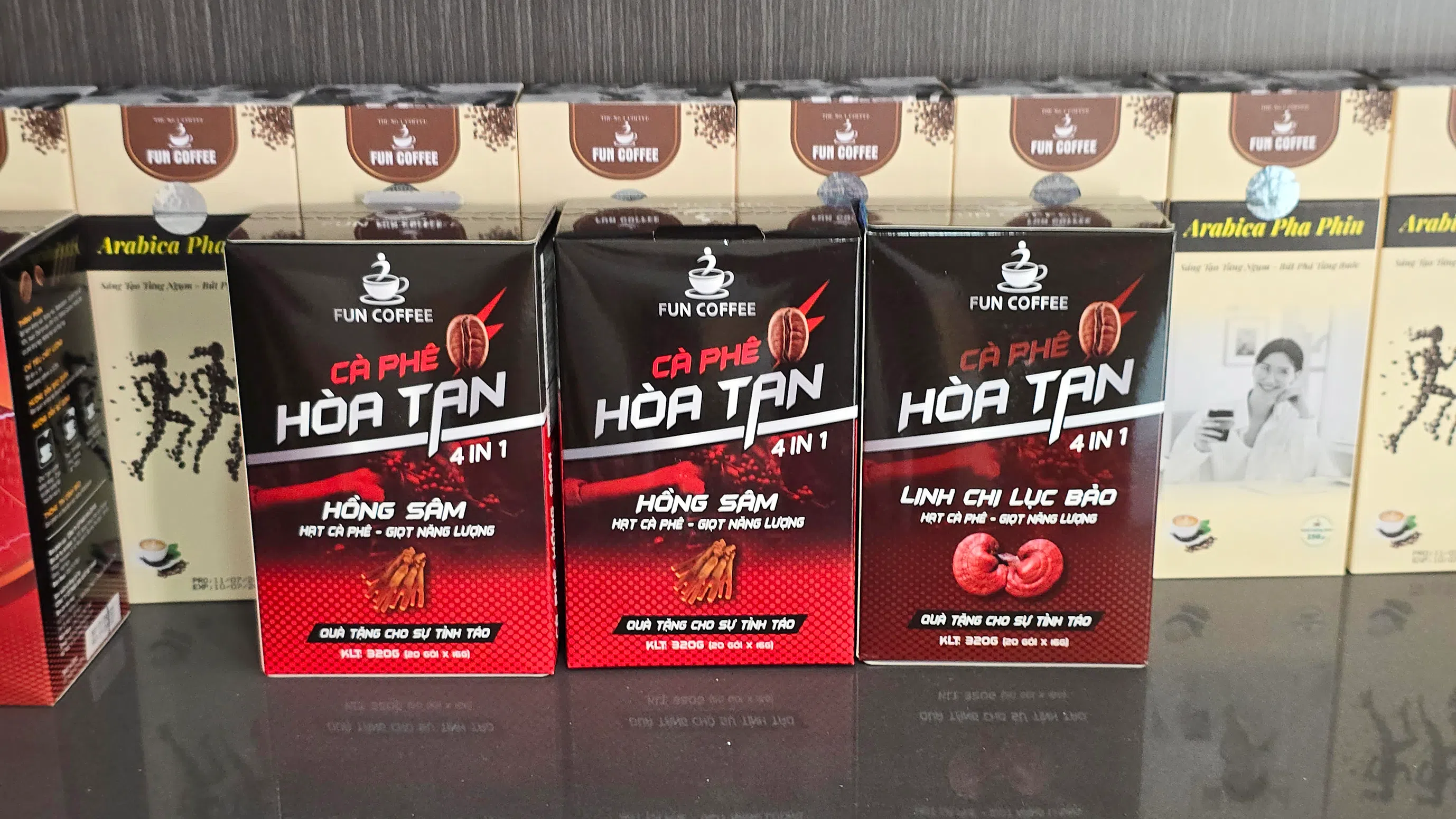 Coffee products displayed at Fun Coffee’s Geylang shop.