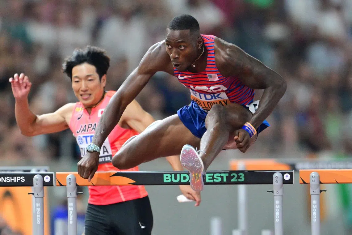USA's Grant Holloway was in a virtual race of his own by the third, cruising to victory in a season’s best 12.96 seconds.