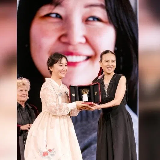 The first woman president of Thailand's football association Nualphan Lamsam (right) with first place winner of East Asia, Jeklin Kim (left), at the 2026 Cartier Women’s Initiative awards ceremony.