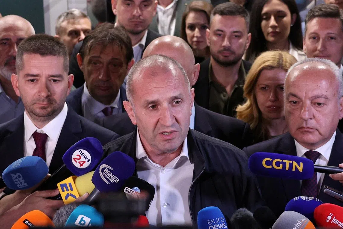 Rumen Radev, former Bulgarian president and leader of Progressive Bulgaria coalition, speaks to the media after the first exit polls at the parliamentary election, in Sofia, Bulgaria, April 19, 2026. REUTERS/Spasiyana Sergieva
