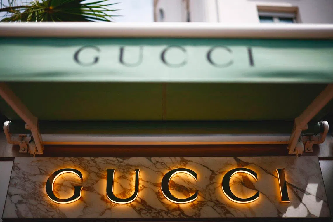 The logo of fashion house Gucci is seen outside a store in Cannes, France, May 16, 2024. REUTERS/Sarah Meyssonnier