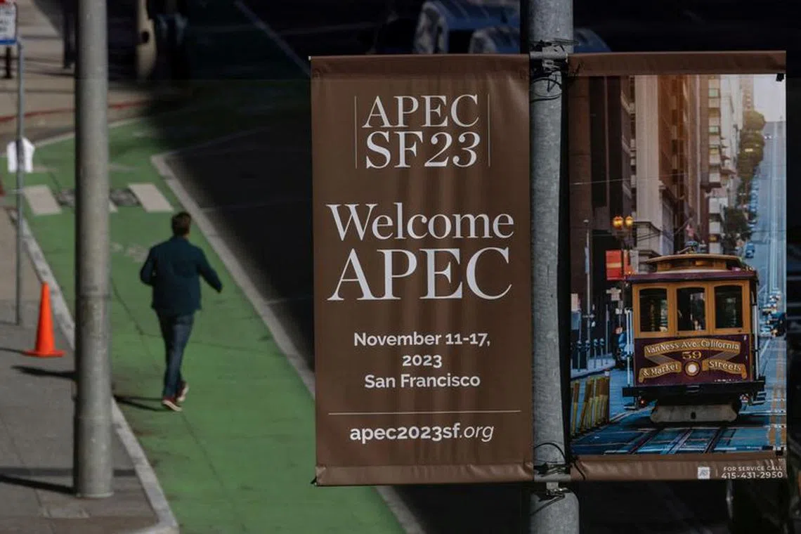 FILE PHOTO: A sign advertising the upcoming APEC (Asia-Pacific Economic Cooperation) Summit in see as the city prepares to host leaders from the Asia-Pacific region in San Francisco, California November 8, 2023. REUTERS/Carlos Barria/File Photo