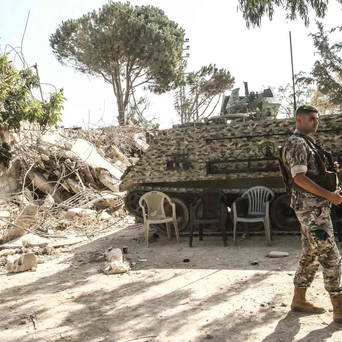 A Lebanese army soldier stands guard in the southern Lebanese village of Zawtar al-Gharbiyah.