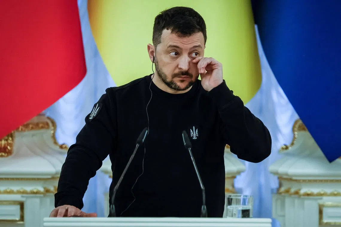 Ukraine's President Volodymyr Zelenskiy attends a joint press conference with EU and Canadian leaders, on the second anniversary of the Russian invasion of Ukraine, in Kyiv, Ukraine February 24, 2024. REUTERS/Alina Smutko