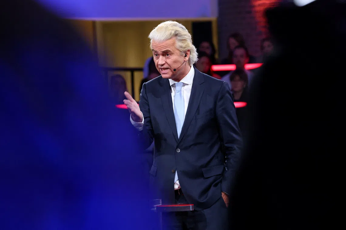 The Party for Freedom (PVV) party leader Geert Wilders speaks during the final debate in the run-up to the House of Representatives elections, in The Hague, Netherlands, October 28, 2025. REUTERS/Piroschka van de Wouw