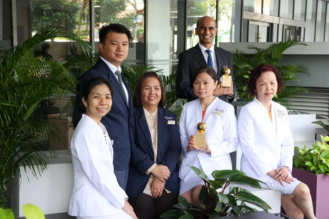 (From left) KK Women’s and Children’s Hospital nurse clinician Adelene Aw Yong, senior patient safety and quality leads Sam Koh and Annellee Camet, Dr Jai Rao of the National Neuroscience Institute and assistant directors of nursing Lee Ang Noi and Lee Siew Kum.