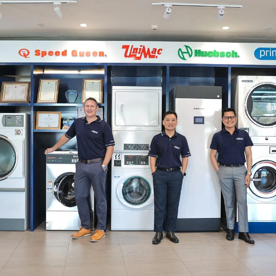 (From left) General manager of Fresh Laundry Gary Tan, managing director (APAC) of Alliance Laundry Systems Benjamin Leo Dobbs, senior director of sales (APAC) of Alliance Laundry Systems Eddie Tay, sales director (SEA) of Alliance Laundry Systems Sukree Kirai and director of Fresh Laundry Jordan Boo.