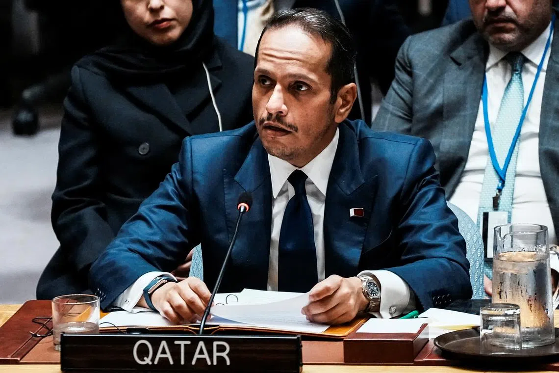 FILE PHOTO: Qatar's Prime Minister and Minister for Foreign Affairs Sheikh Mohammed bin Abdulrahman bin Jassim Al-Thani addresses to delegates during an emergency meeting of the United Nations Security Council, following an Israeli attack on Hamas leaders in Doha, Qatar, at U.N. headquarters in New York City, U.S., September 11, 2025. REUTERS/Eduardo Munoz/File Photo
