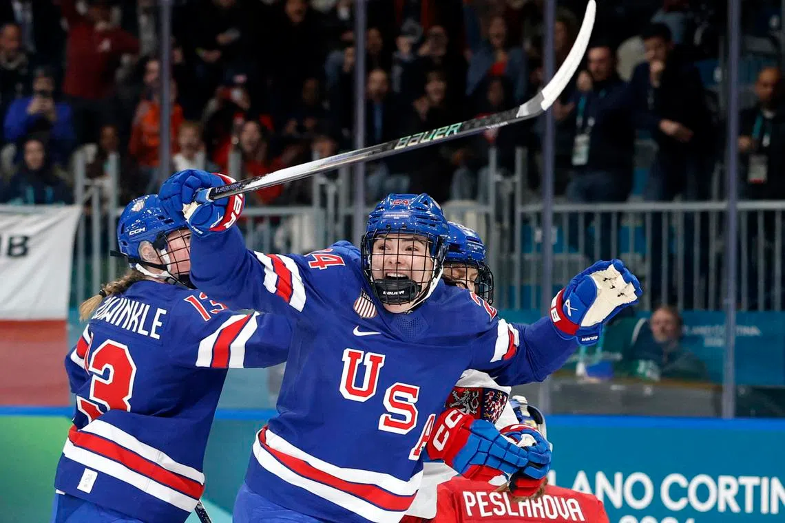 Milano Cortina 2026 Olympics - Ice Hockey - Women's Preliminary Round - Group A - United States of America vs Czech Republic - Milano Rho Ice Hockey Arena, Milan, Italy - February 05, 2026. Joy Dunne of United States celebrates scoring their second goal REUTERS/David W Cerny