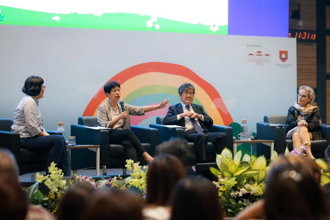 (From left) Professor Paulin Straughan, director of the Centre for Research on Successful Ageing at SMU, moderating a panel discussion with Minister in the Prime Minister’s Office Indranee Rajah, Nagoya University Graduate School of International Development vice-dean Satoshi Shimizutani and Technische Universität Dresden rector Ursula Staudinger on Oct 20.