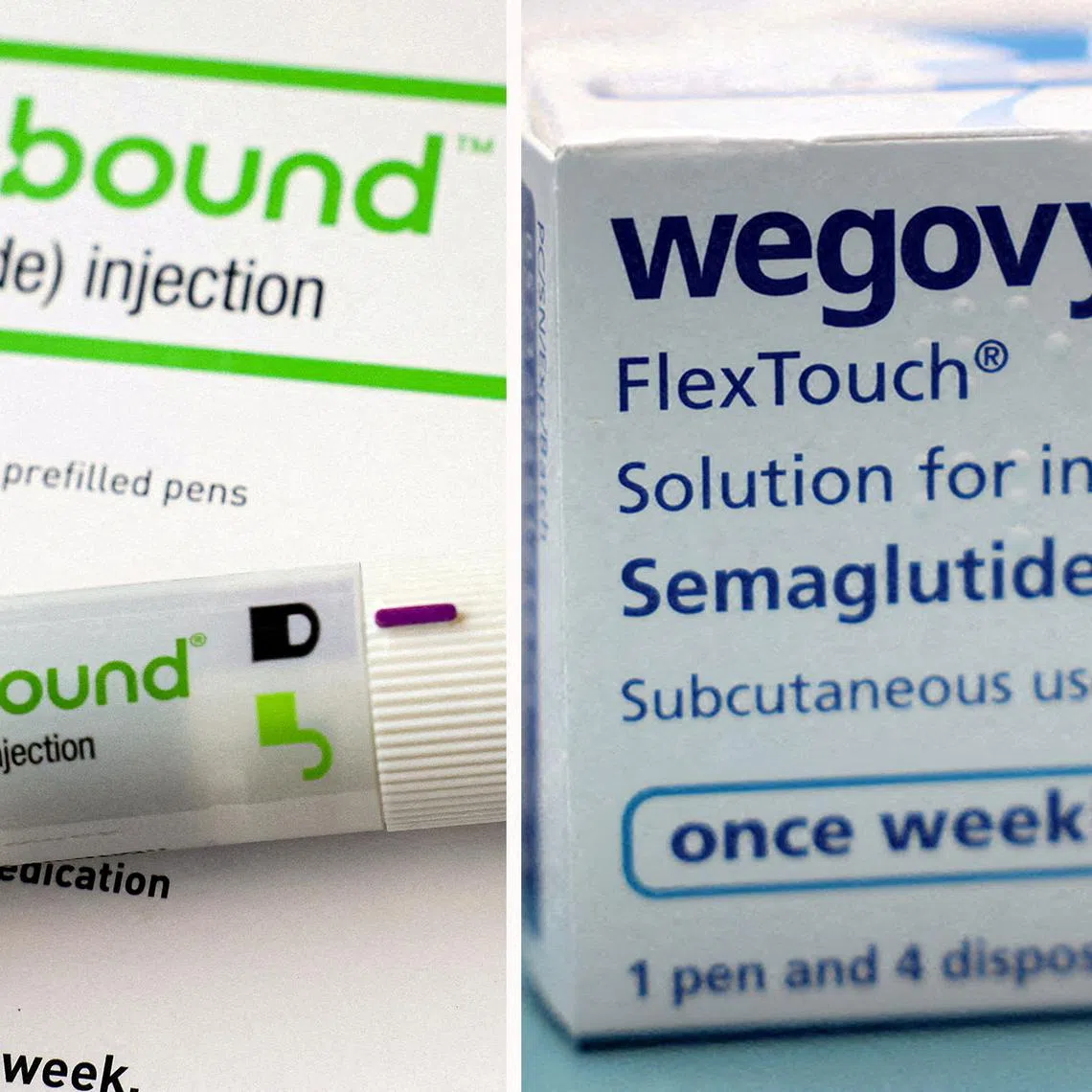 Aan injection pen of Zepbound, Eli Lilly's weight loss drug, and boxes of Wegovy, made by Novo Nordisk.