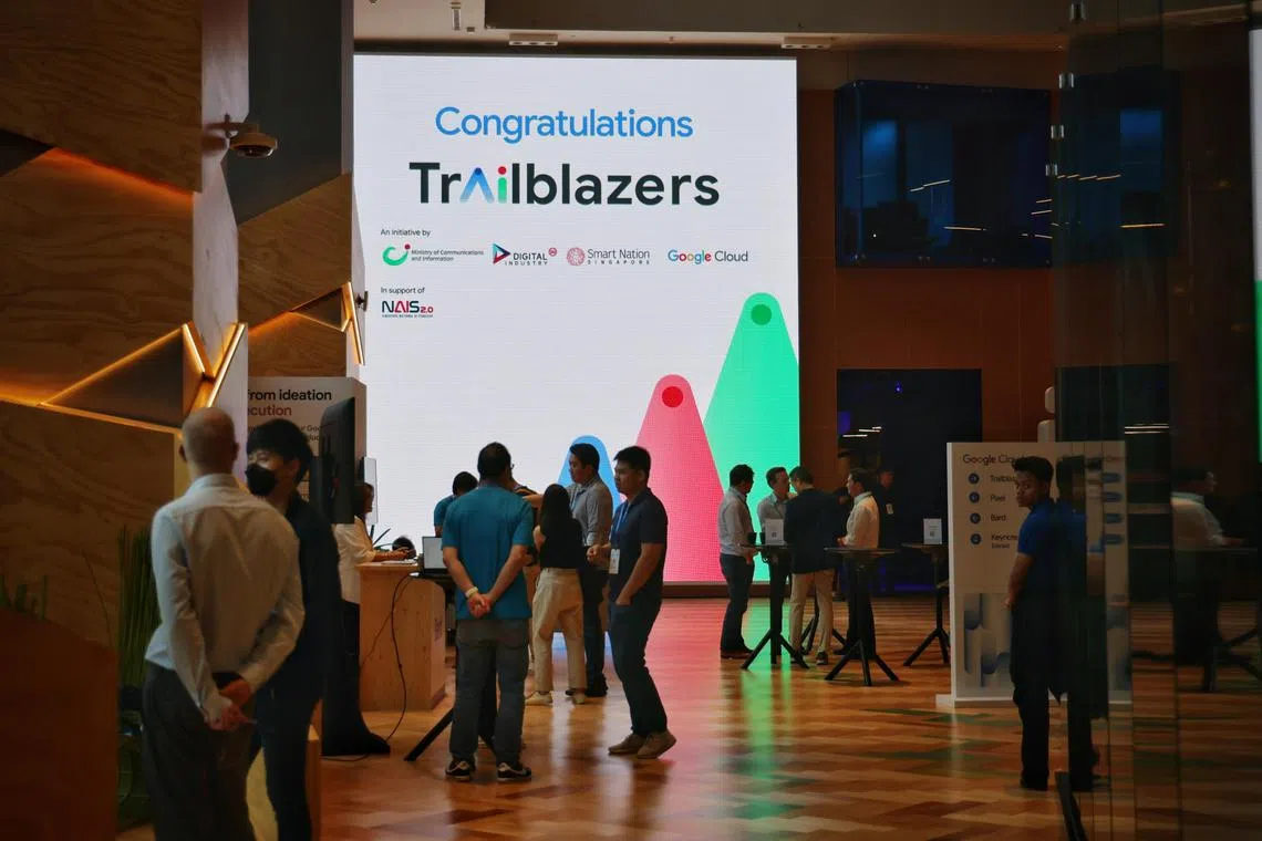 ST20240129_202473697844/azgoogle29/Zhaki/Jason Quah

A display congratulating graduating organisations of the AI Trailblazers initiative seen at ExploreAI, a summit hosted by Google Cloud and the Government, in Mapletree Business City on Jan 29, 2024.