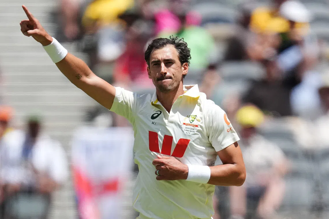 FILE PHOTO: Cricket - The Ashes - Australia v England - First Test - Perth Stadium, Perth, Australia - November 21, 2025 Australia's Mitchell Starc celebrates after taking the wicket of England's Ben Stokes REUTERS/Asanka Brendon Ratnayake/File Photo