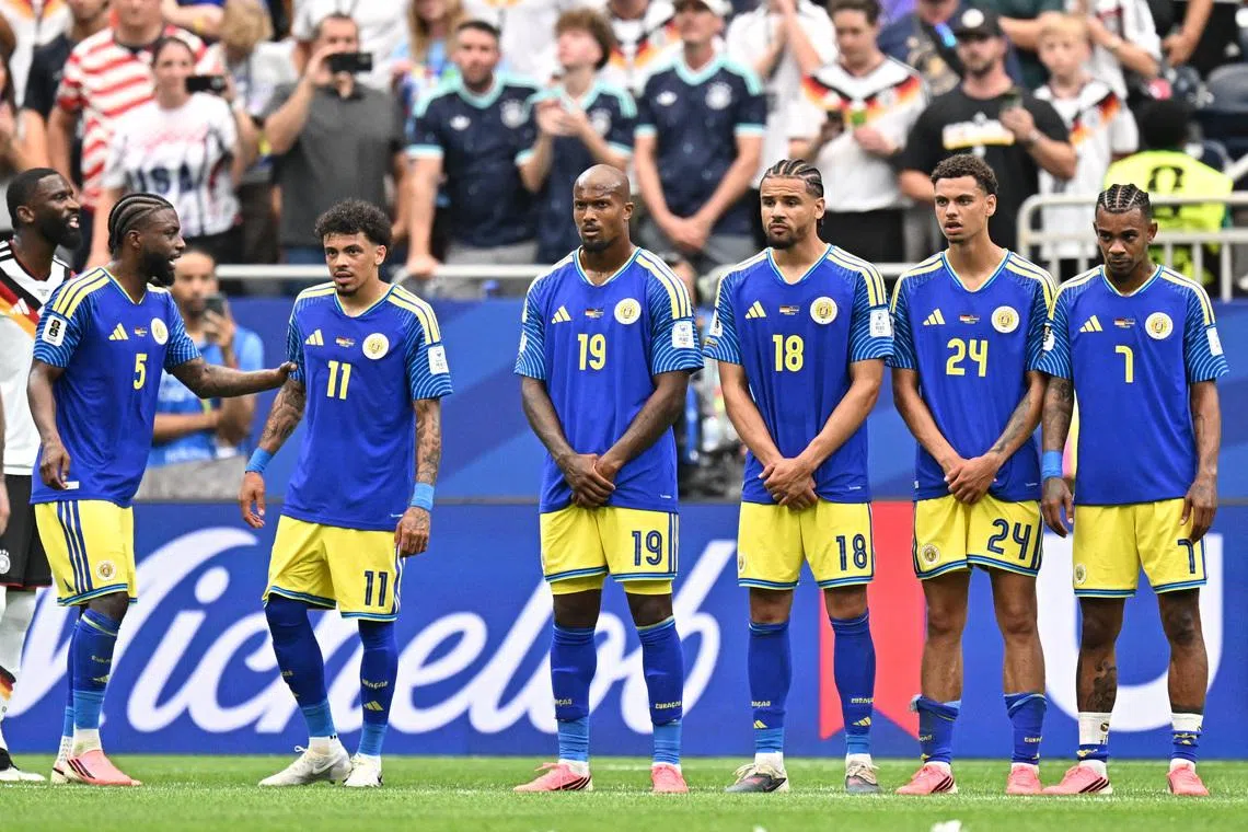 Soccer Football - FIFA World Cup 2026 - Group E - Germany v Curacao - Houston Stadium, Houston, Texas, U.S. - June 14, 2026 Curacao's Sherel Floranus, Jeremy Antonisse, Gervane Kastaneer, Armando Obispo, Deveron Fonville and Juninho Bacuna IMAGN IMAGES via Reuters/Maria Lysaker