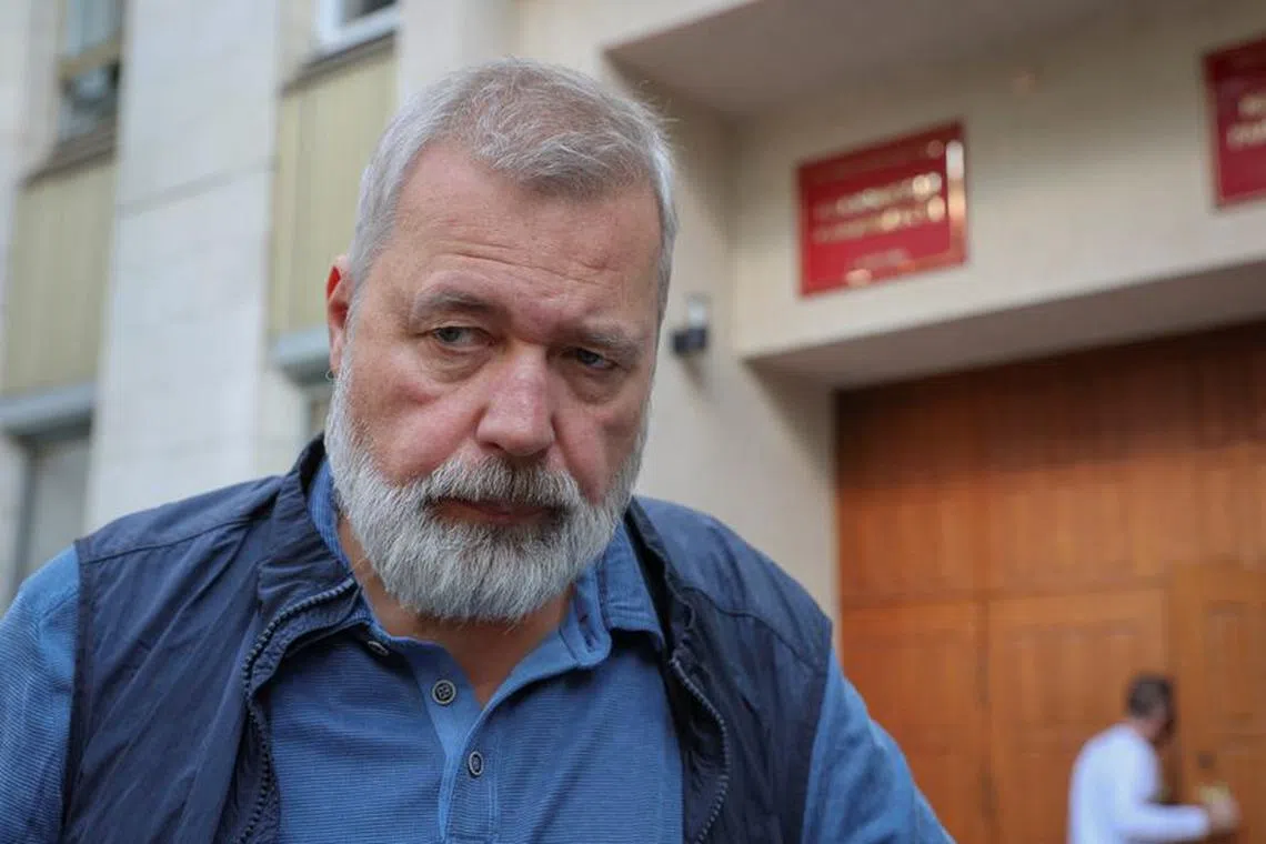 FILE PHOTO: Dmitry Muratov, editor of the now-banned independent newspaper Novaya Gazeta and also a winner of the Nobel Peace Prize, speaks after a hearing of the case of Russian veteran human rights campaigner Oleg Orlov accused of discrediting Russia's armed forces, in Moscow, Russia, June 8, 2023. REUTERS/Yulia Morozova/File Photo