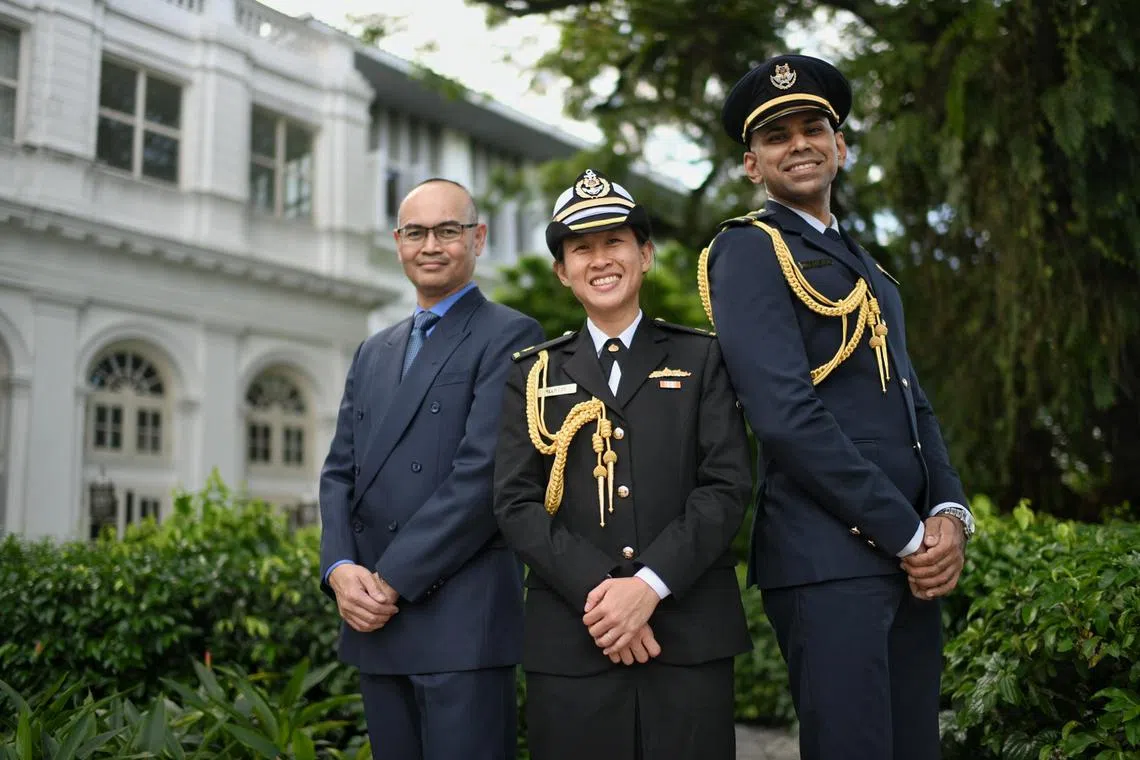 Major (Ret) Ridzwan Abu Bakar, Major Elle Lee and Military Expert 4 (NS) Dave Singh at the Honorary Aide-De-Camp appointment ceremony and appreciation dinner at the Istana on Tuesday (May 16).