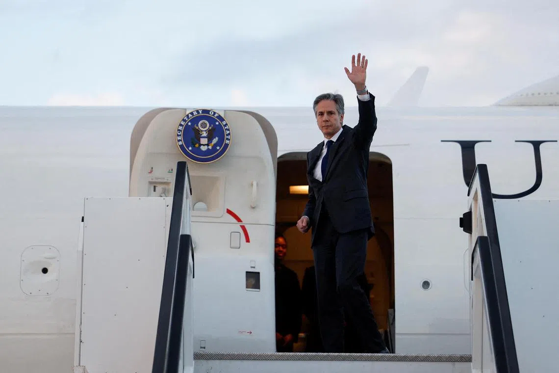 FILE PHOTO: U.S. Secretary of State Antony Blinken gestures, as he departs, at Ben Gurion International airport, Tel Aviv, Israel, March 22, 2024. REUTERS/Evelyn Hockstein/Pool/File Photo