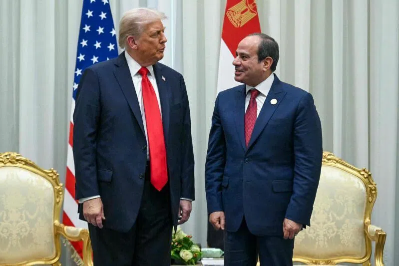 US President Donald Trump meeting Egypt's President Abdel Fattah al-Sisi during a summit on Gaza in Sharm el-Sheikh on Oct 13.