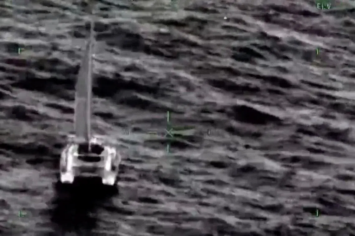 A screengrab from a video shows one of two sailboats carrying humanitarian aid from Mexico to Cuba that went missing in the Caribbean, the Mexican Navy located the vessels, whose crews were reported safe, after they disappeared en route from Isla Mujeres to Havana, according to Mexico’s Secretariat of the Navy, obtained by Reuters on March 28, 2026. MEXICAN NAVY/Handout via REUTERS